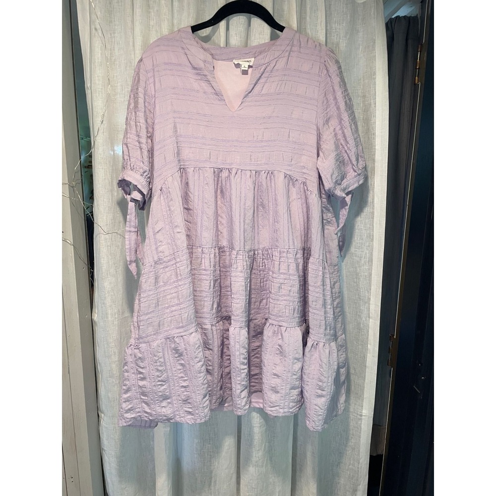 Lavender Tiered Babydoll Dress Womens Large Purple Textured Mini Tie Sleeve L